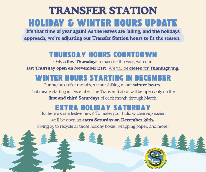 Transfer Station Holiday and Winter Hours Update